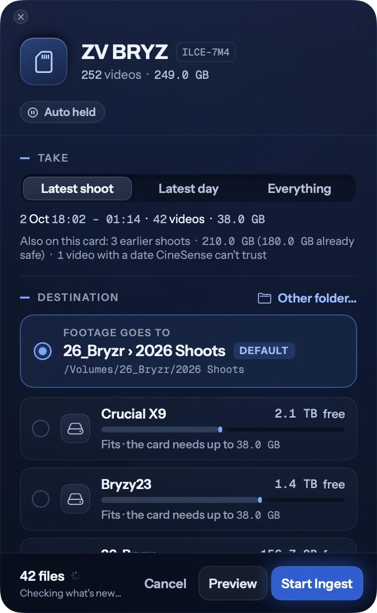 CineSense card ingest — Latest shoot selected