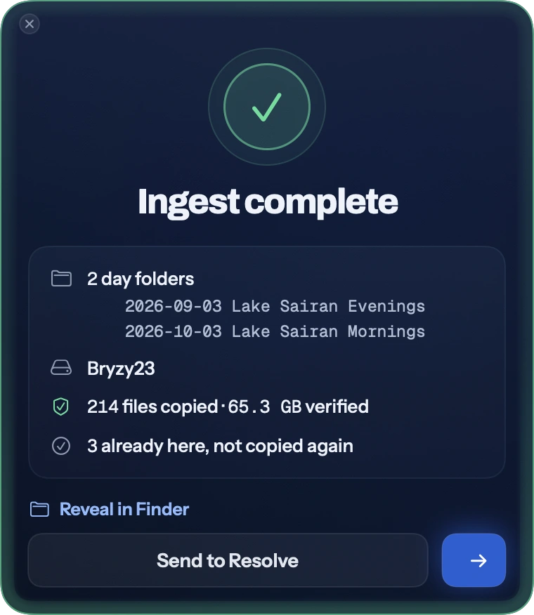 Actual CineSense panel showing Ingest complete and checked destination copies
