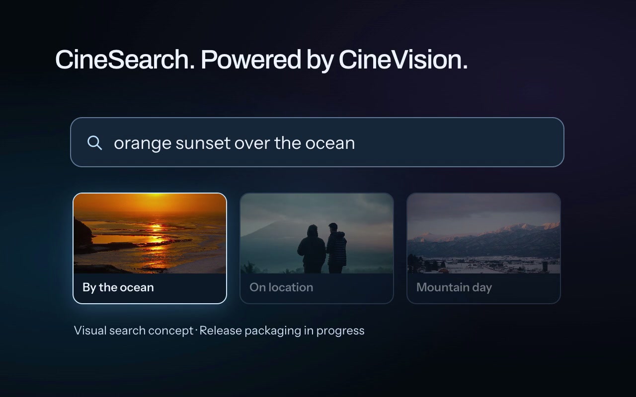 Remember the shot. A workflow visualization of CineSearch, powered by CineVision: search indexed visuals, on-screen words, and optional speech. The optional engine is not bundled with the current public beta; release packaging is in progress.